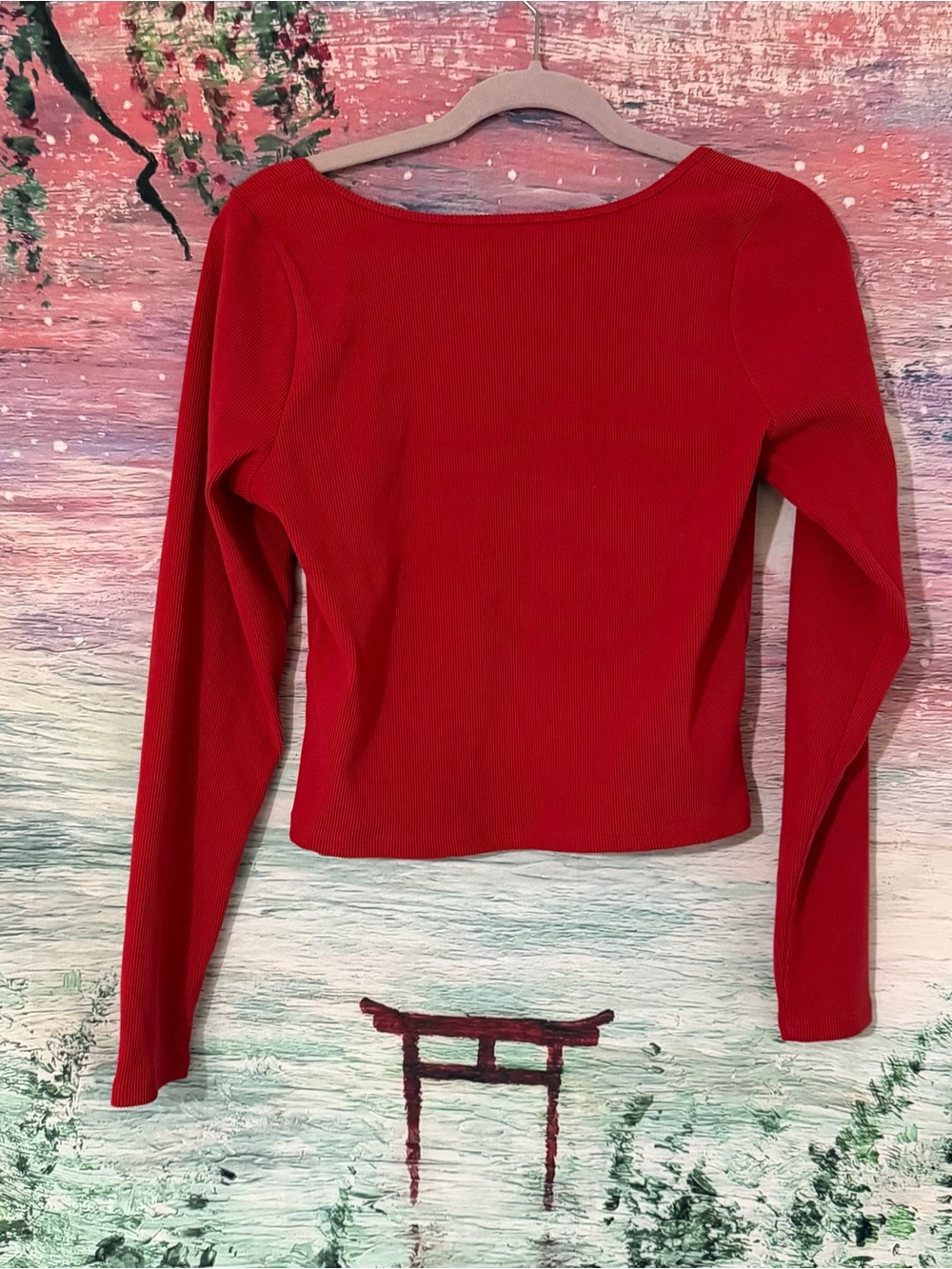 Red Ribbed Square-Neck Long Sleeve Top - Picture 4 of 4